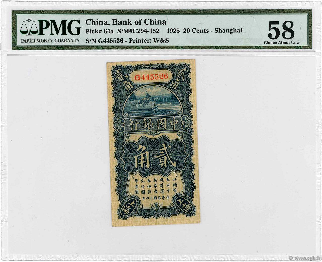 20 Cents CHINA  1925 P.0064a fST