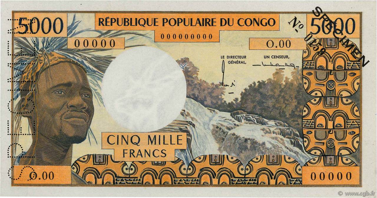 5000 Francs Spécimen CONGO  1974 P.04as NEUF