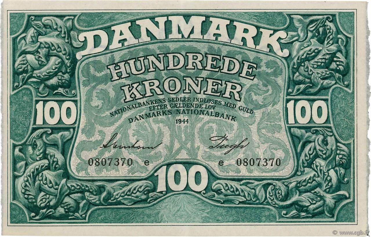 100 Kroner DINAMARCA  1944 P.039a AU