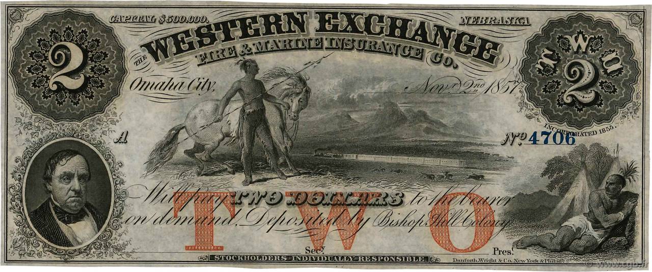 2 Dollars UNITED STATES OF AMERICA Omaha City 1857 -- UNC