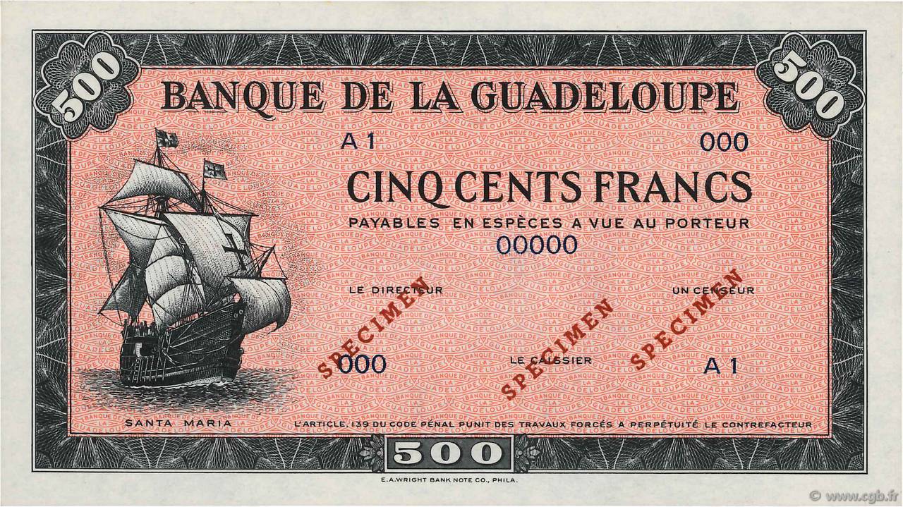 500 Francs Spécimen GUADELOUPE  1945 P.25s ST