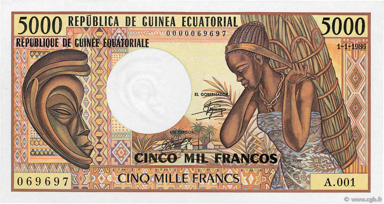 5000 Francs GUINEA ECUATORIAL  1986 P.22b SC+