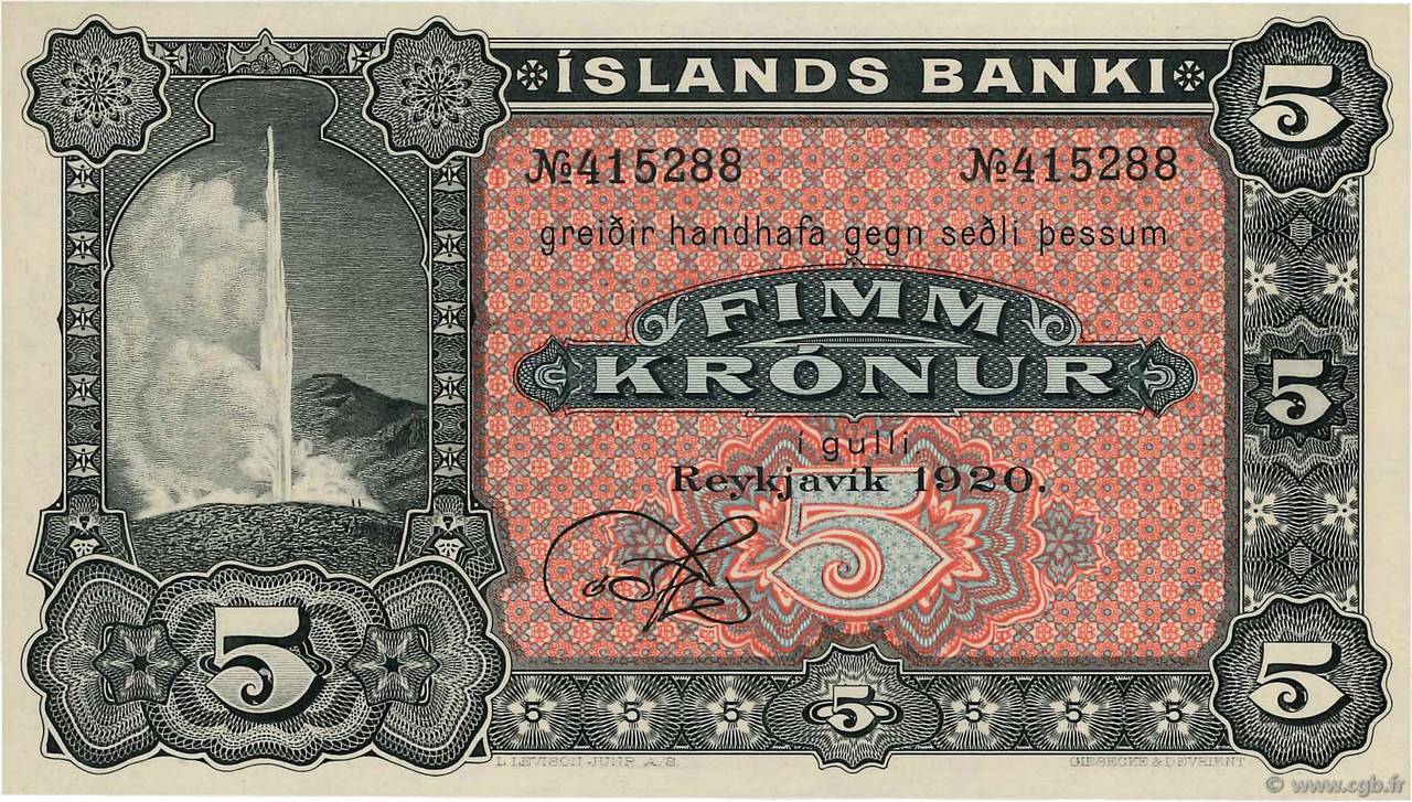 5 Kronur Non émis ISLAND  1920 P.15r fST+