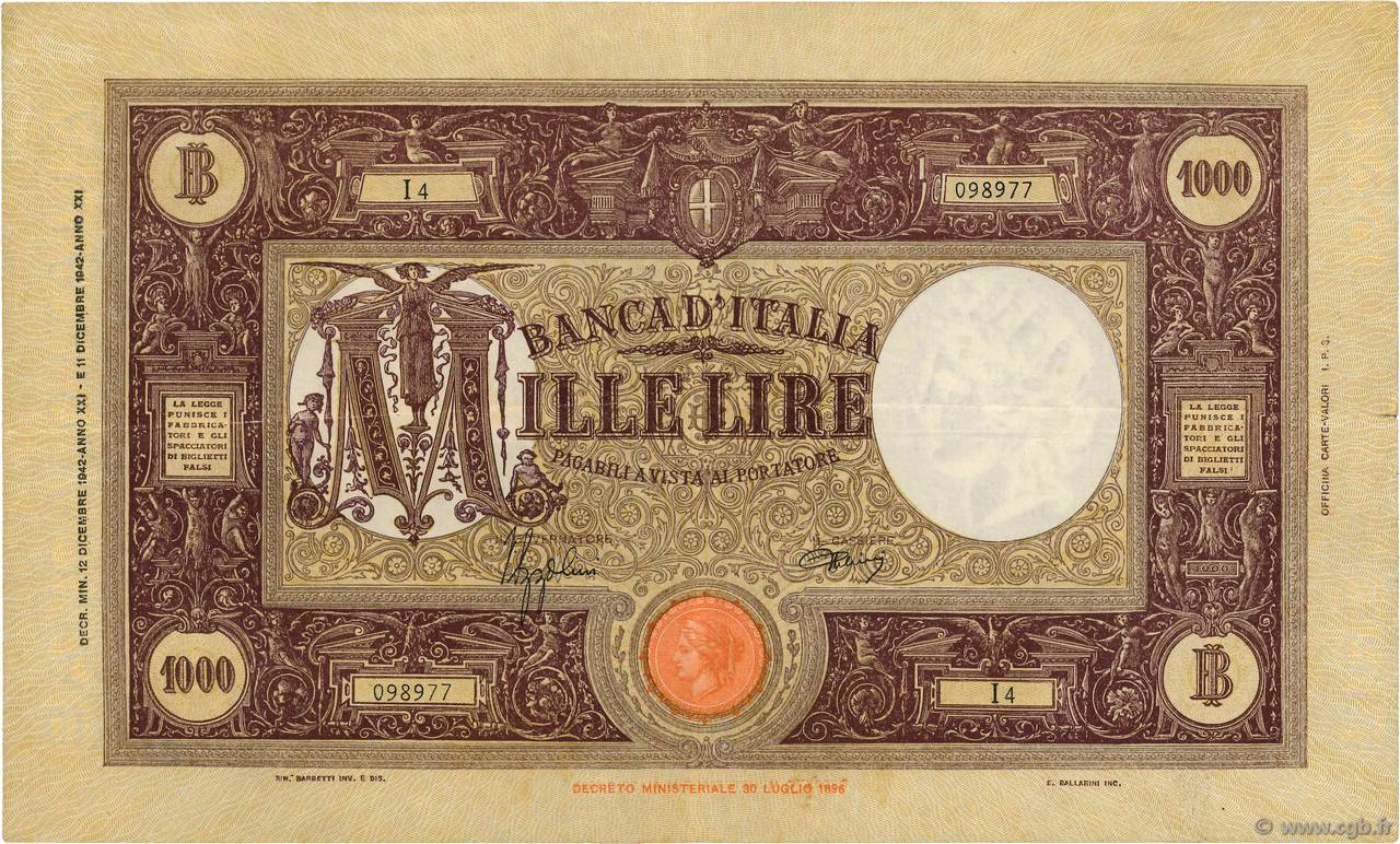 1000 Lire ITALIA  1942 P.062 q.BB