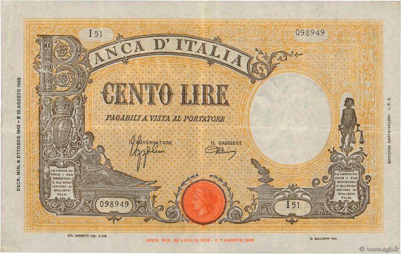 100 Lire ITALIEN  1943 P.067a SS