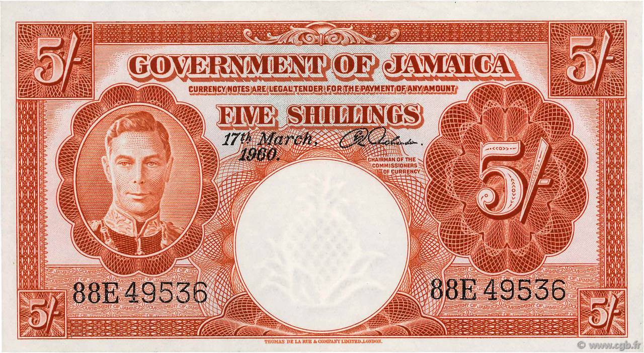 5 Shillings JAMAICA  1960 P.45 AU