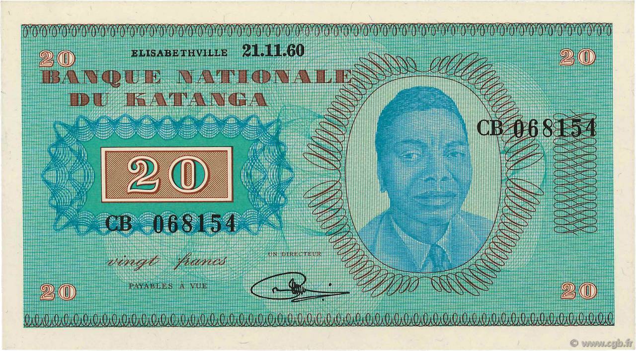 20 Francs KATANGA  1960 P.06a q.FDC