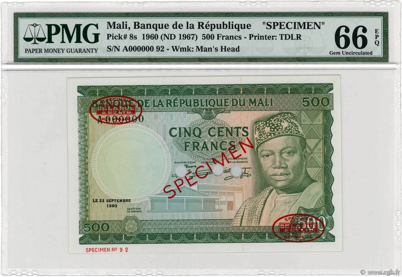 500 Francs Spécimen MALI  1960 P.08s FDC