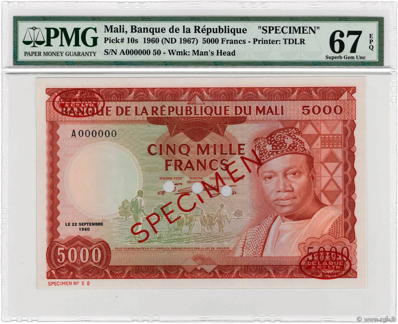 5000 Francs Spécimen MALí  1960 P.10s FDC