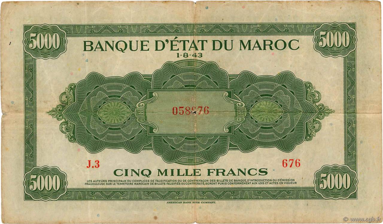 5000 Francs MAROKKO  1943 P.32 SGE