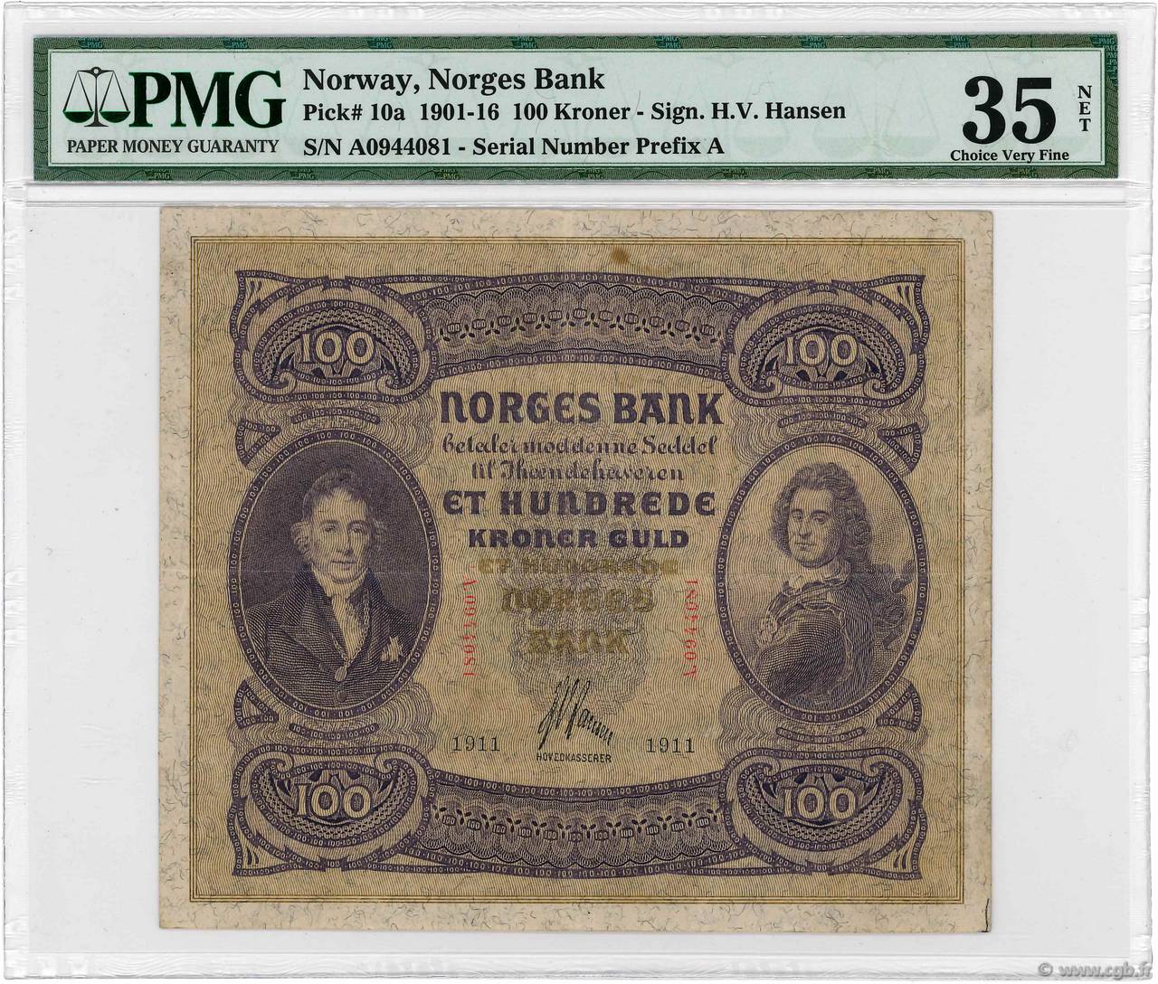 100 Kroner Guld NORWAY  1911 P.10a VF