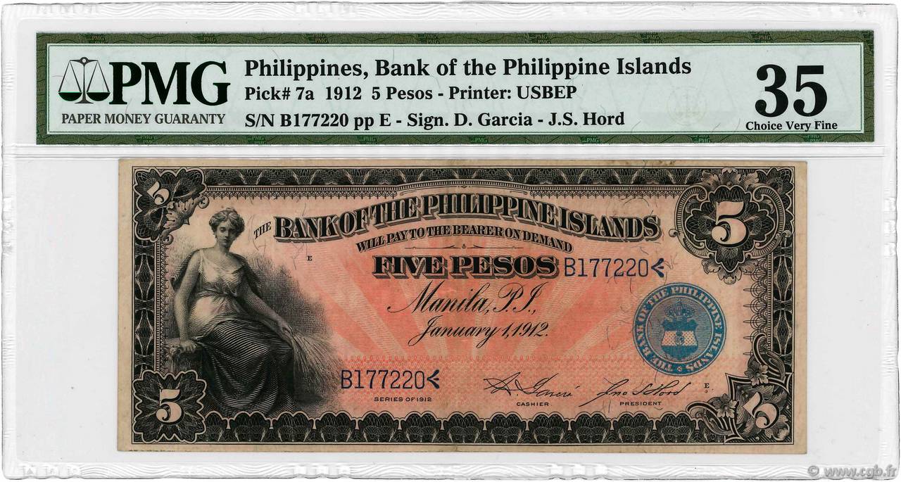5 Pesos PHILIPPINES  1912 P.007a TTB