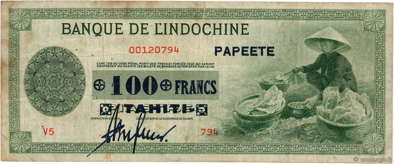 100 Francs TAHITI  1943 P.17a q.MB