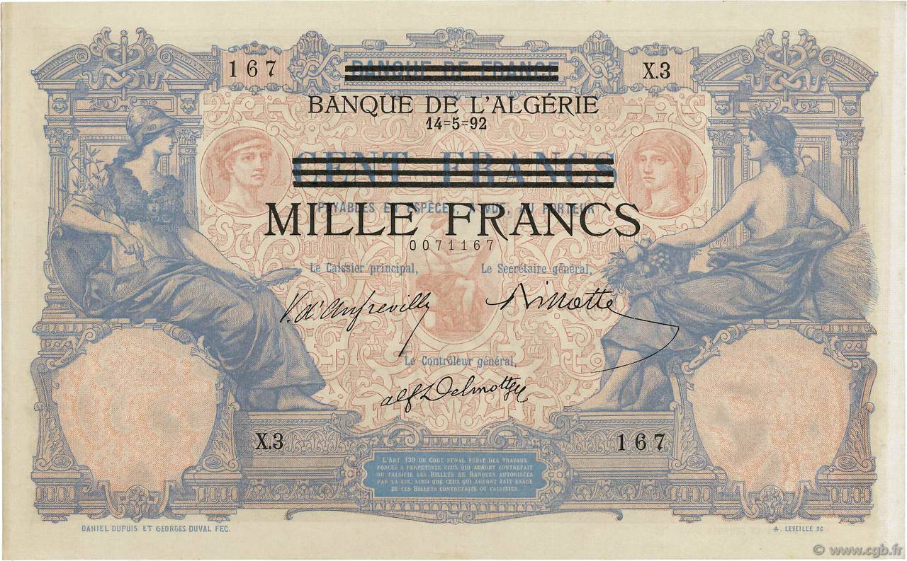 1000 Francs sur 100 Francs Non émis TUNISIA  1942 P.31 UNC-