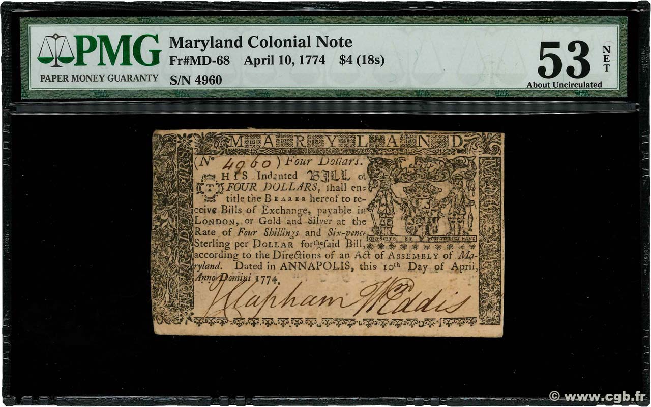 4 Dollars ÉTATS-UNIS D AMÉRIQUE Annapolis 1774 PS.0978 pr.SUP