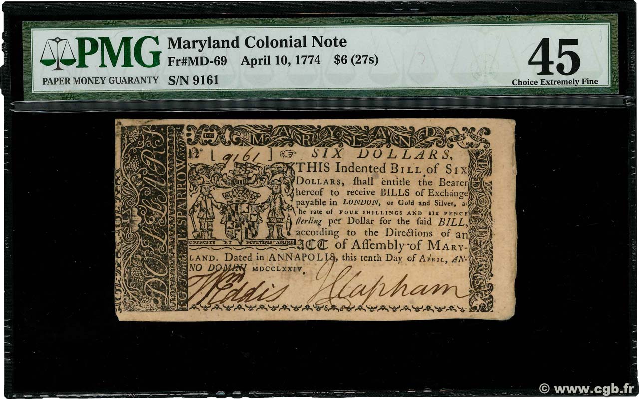 6 Dollars ÉTATS-UNIS D AMÉRIQUE Annapolis 1774 PS.0979 TTB+