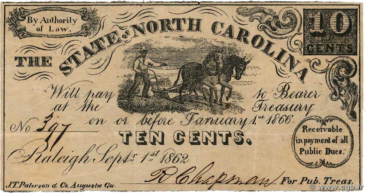 10 Cents ÉTATS-UNIS D AMÉRIQUE Raleigh 1862 PS.2356 TTB