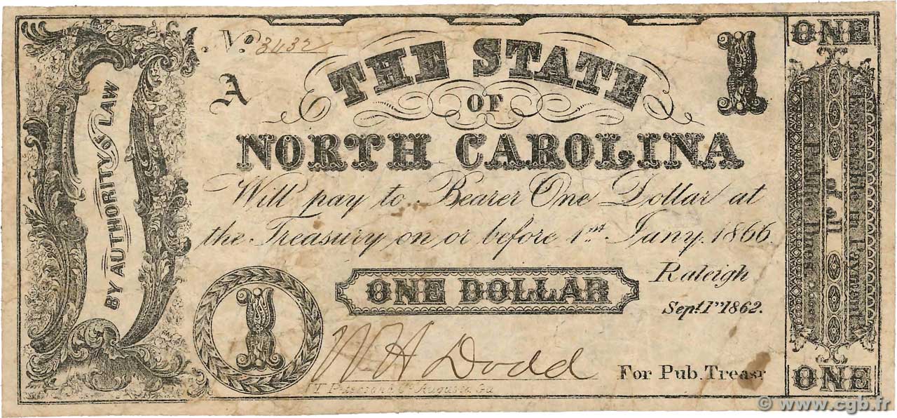 1 Dollar ÉTATS-UNIS D AMÉRIQUE Raleigh 1862 PS.2359a TTB