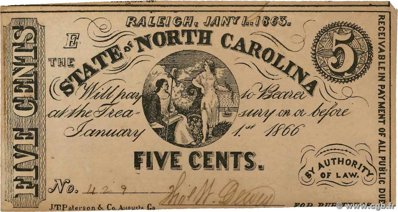 5 Cents ÉTATS-UNIS D AMÉRIQUE Raleigh 1863 PS.2360 SPL