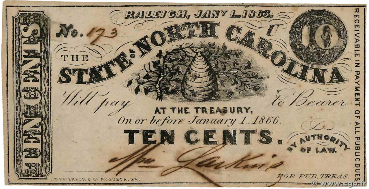 10 Cents ÉTATS-UNIS D AMÉRIQUE Raleigh 1863 PS.2361 SUP
