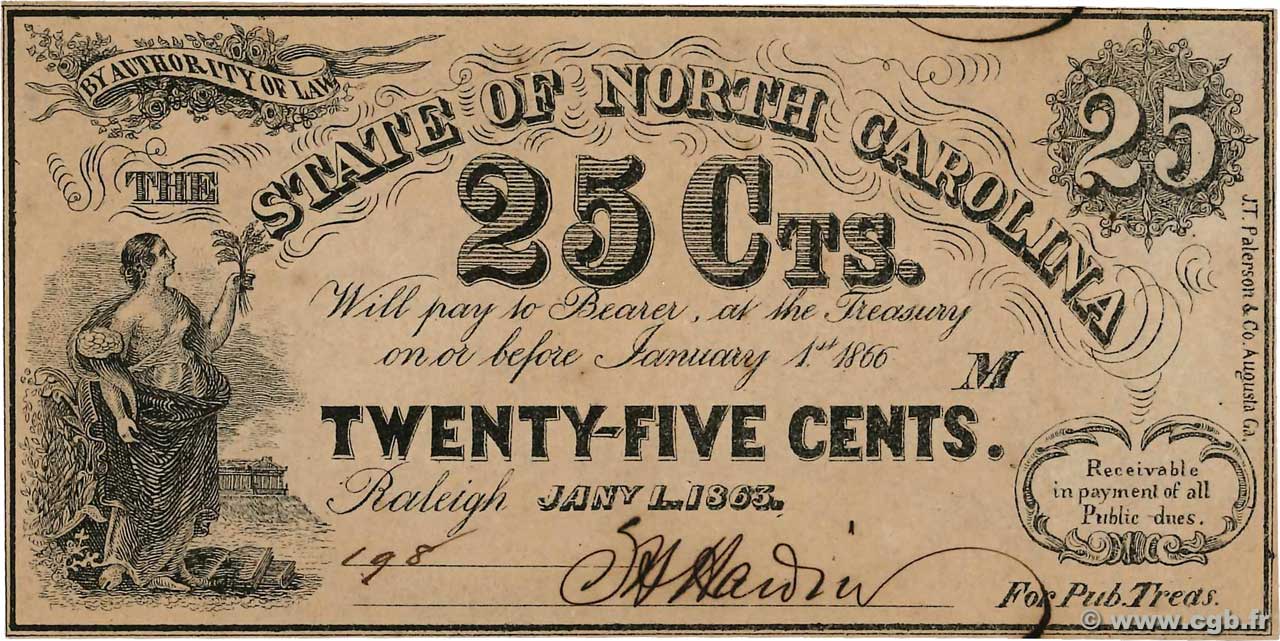 25 Cents ÉTATS-UNIS D AMÉRIQUE Raleigh 1863 PS.2362a SPL