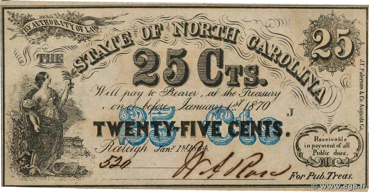 25 Cents ÉTATS-UNIS D AMÉRIQUE Raleigh 1864 PS.2374 SPL