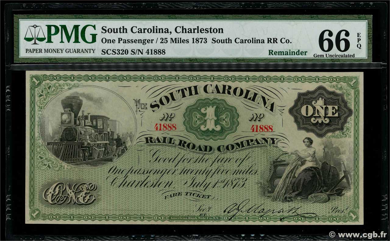 1 Fare Ticket ÉTATS-UNIS D AMÉRIQUE Charleston 1873  pr.NEUF