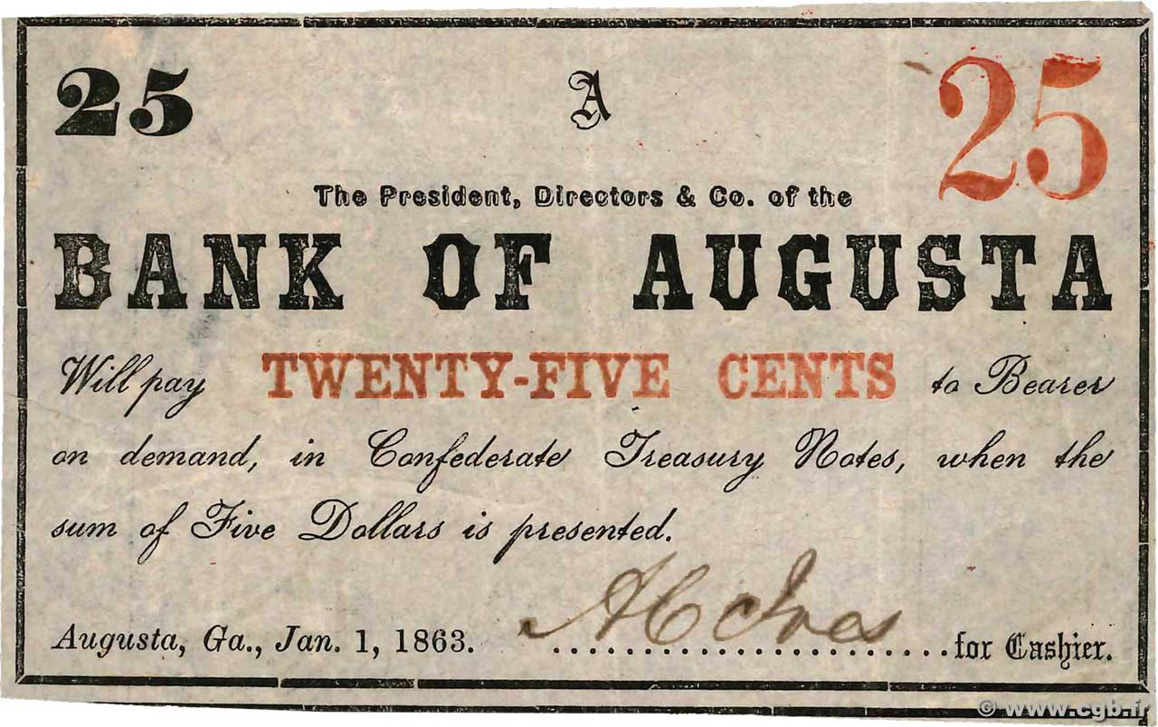 25 Cents ÉTATS-UNIS D AMÉRIQUE Augusta 1863  TTB