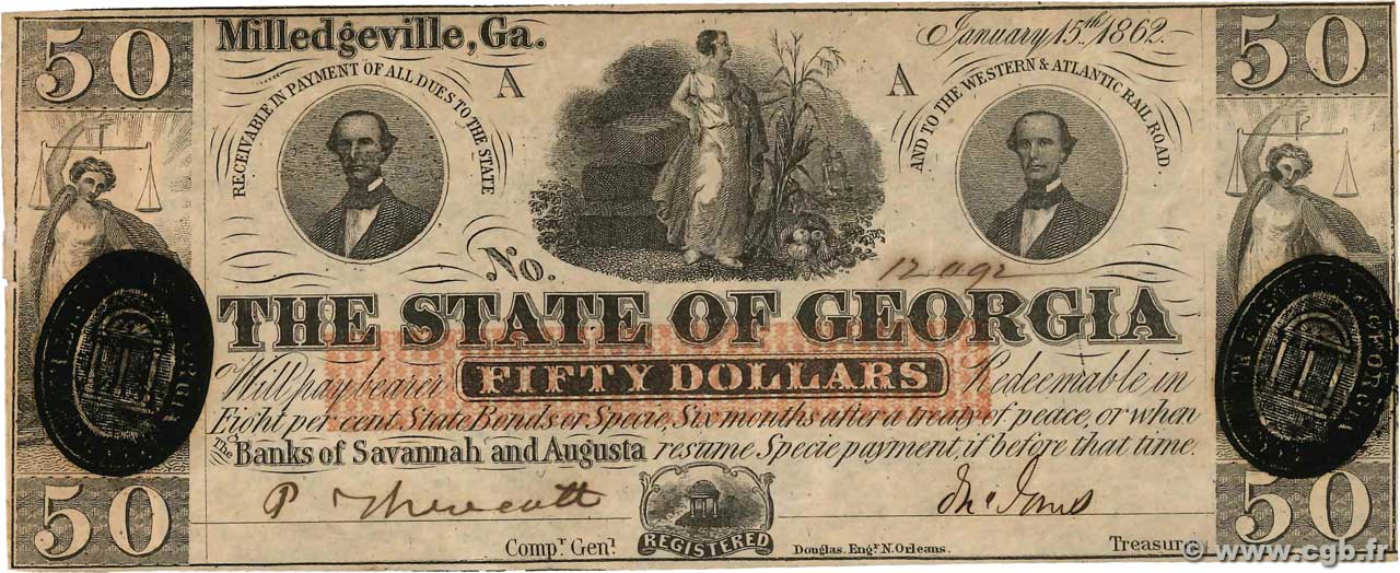 50 Dollars ÉTATS-UNIS D AMÉRIQUE Milledgeville 1862 PS.0855 SUP
