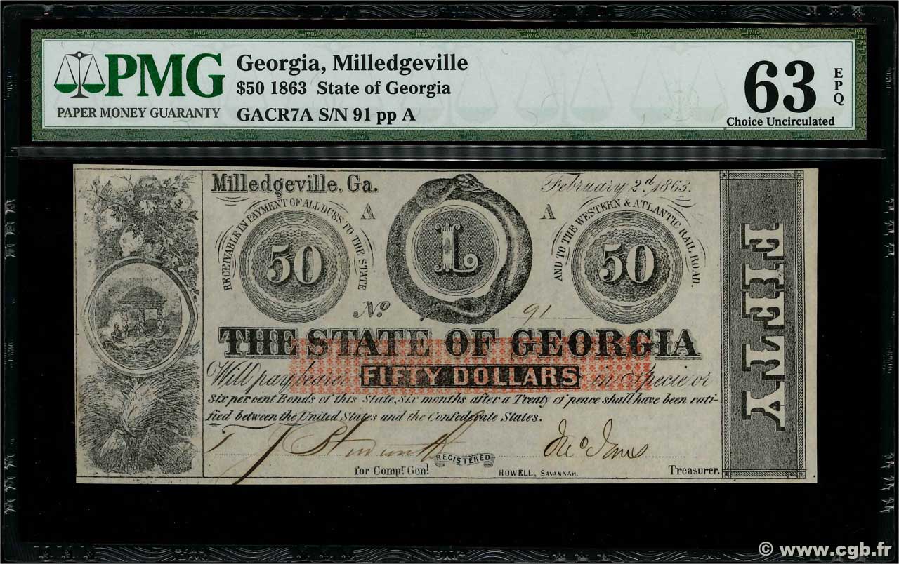 50 Dollars Petit numéro STATI UNITI D AMERICA Milledgeville 1863 PS.0868 q.FDC
