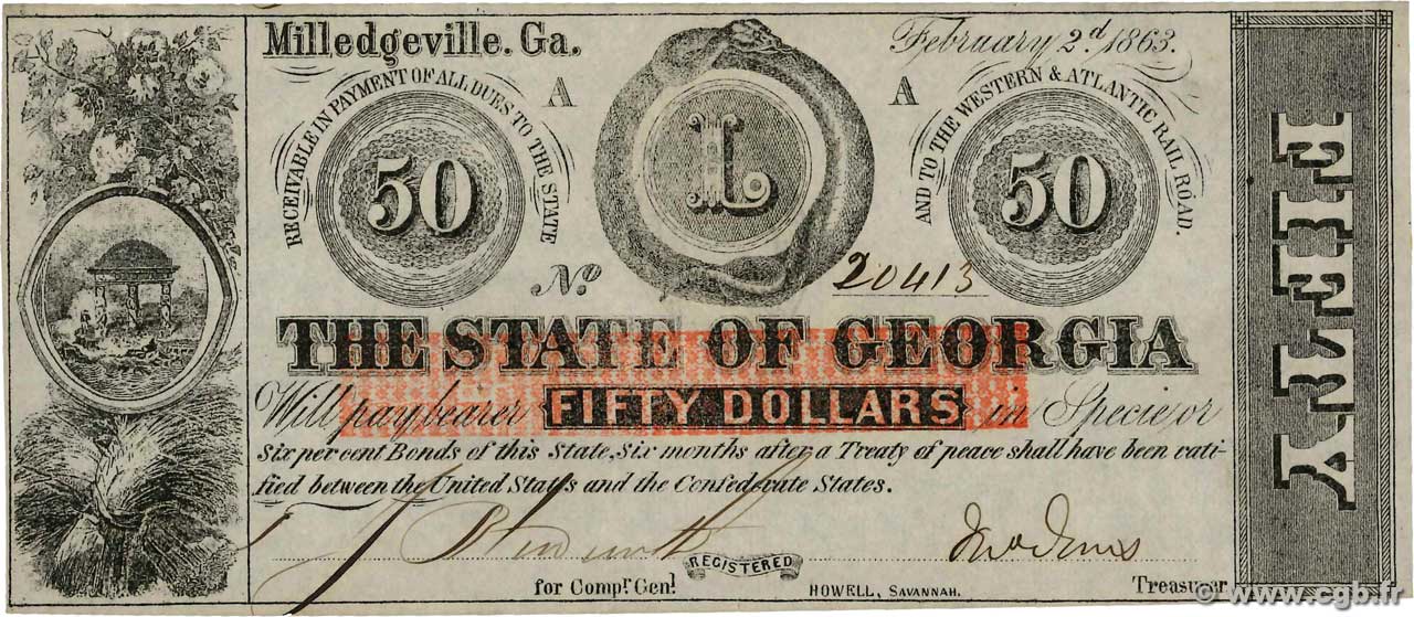 50 Dollars UNITED STATES OF AMERICA Milledgeville 1863 PS.0868 AU