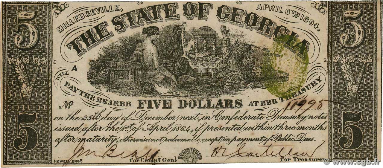 5 Dollars STATI UNITI D AMERICA Milledgeville 1864 PS.0870 SPL