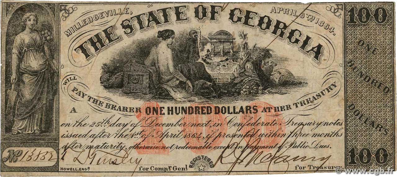 100 Dollars ÉTATS-UNIS D AMÉRIQUE Milledgeville 1864 PS.0874 TB