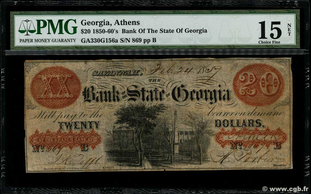 20 Dollars UNITED STATES OF AMERICA Savannah 1857  F-