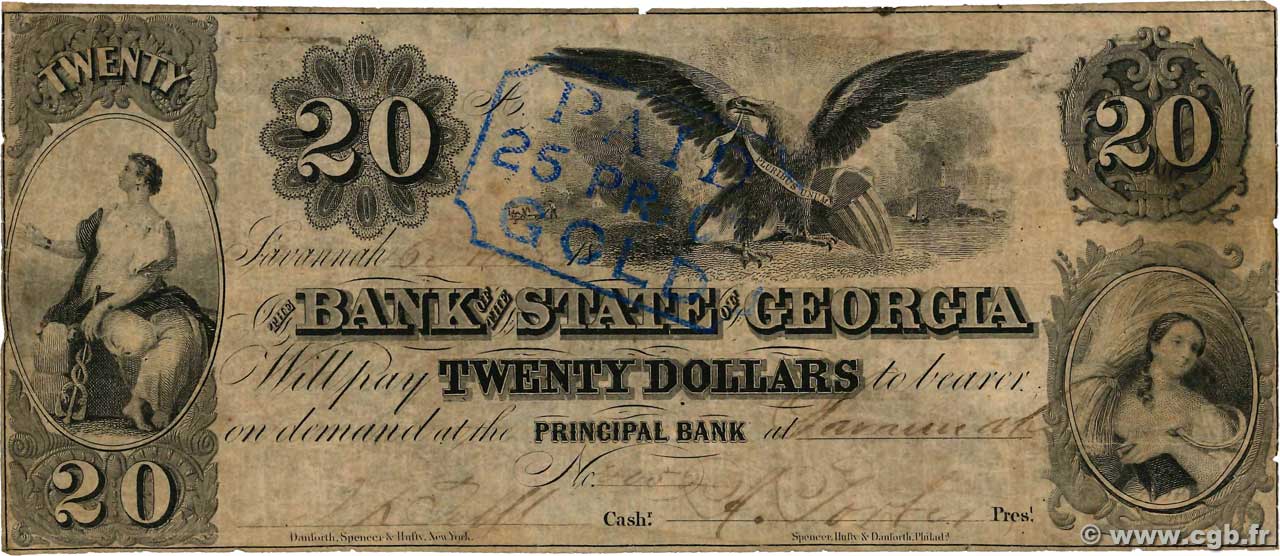 20 Dollars ÉTATS-UNIS D AMÉRIQUE Savannah 1860  TB