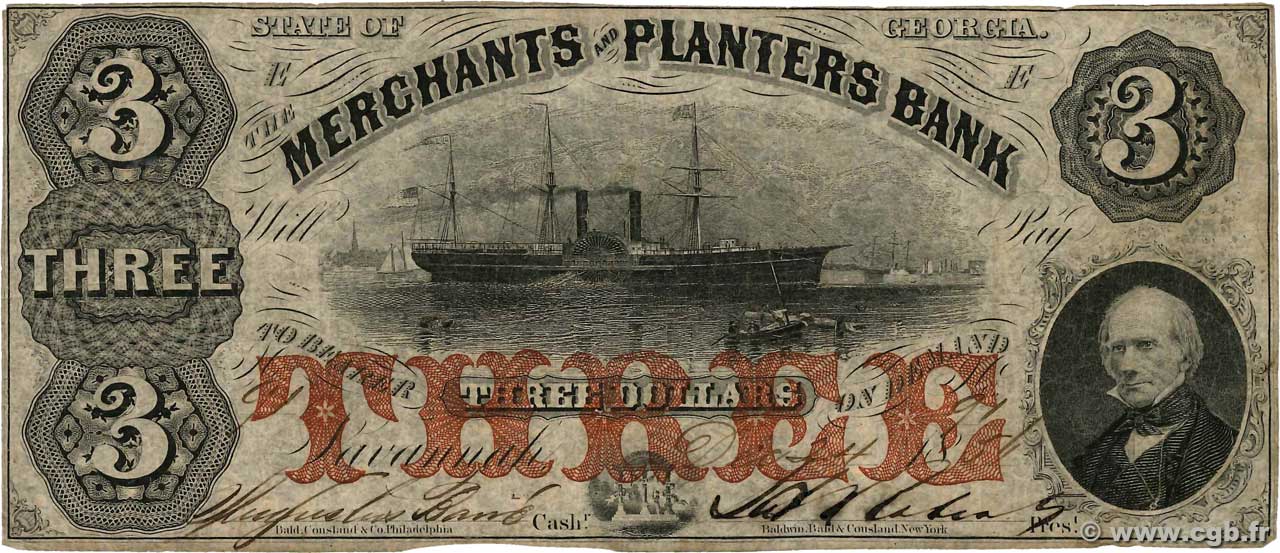 3 Dollars ÉTATS-UNIS D AMÉRIQUE Savannah 1854  TB