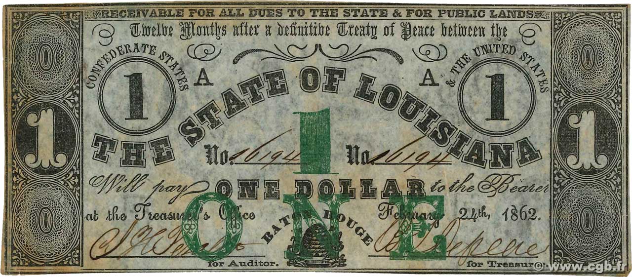 1 Dollar ÉTATS-UNIS D AMÉRIQUE Baton Rouge 1862 PS.0891 SUP+