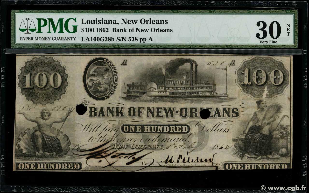 100 Dollars Annulé STATI UNITI D AMERICA New Orleans 1862  BB