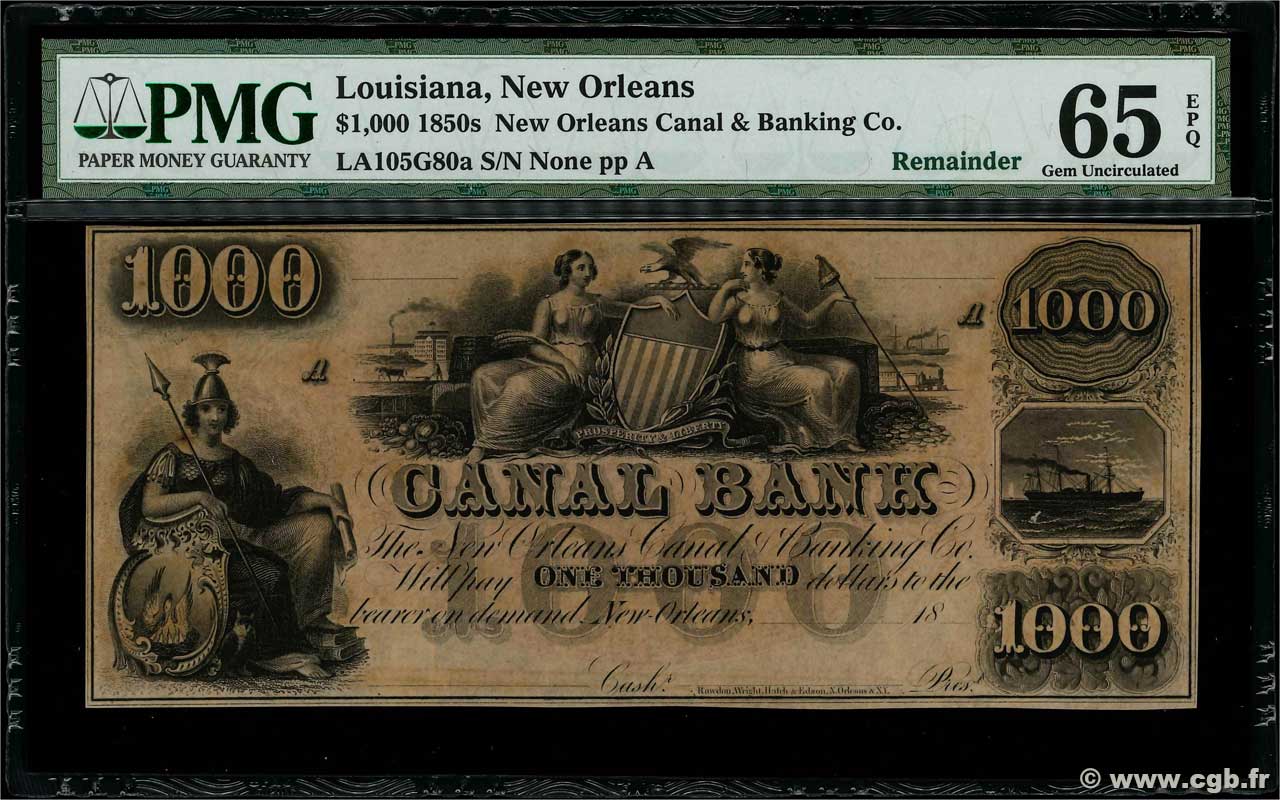 1000 Dollars Non émis STATI UNITI D AMERICA New Orleans 1850  FDC