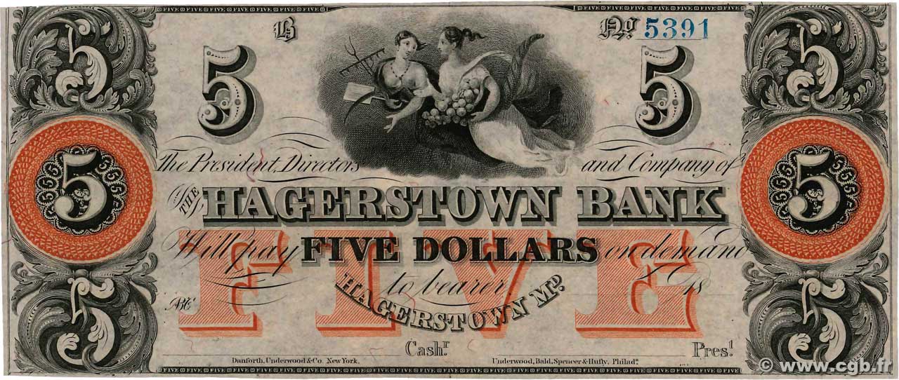 5 Dollars Non émis ÉTATS-UNIS D AMÉRIQUE Hagerstown 1850  pr.NEUF