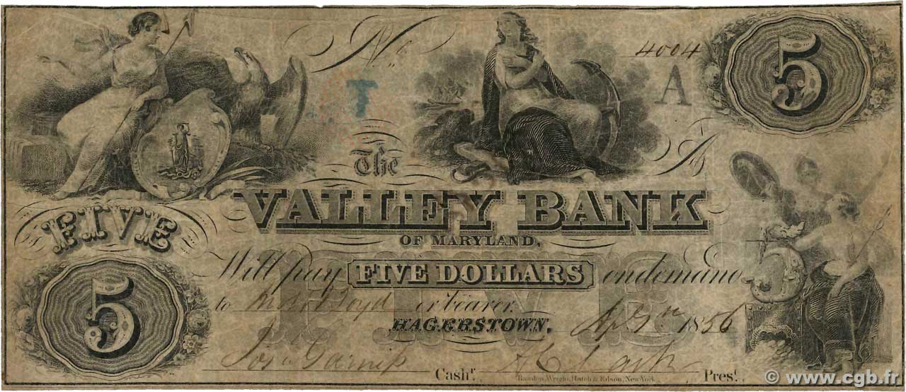 5 Dollars ÉTATS-UNIS D AMÉRIQUE Hagerstown 1856  TB