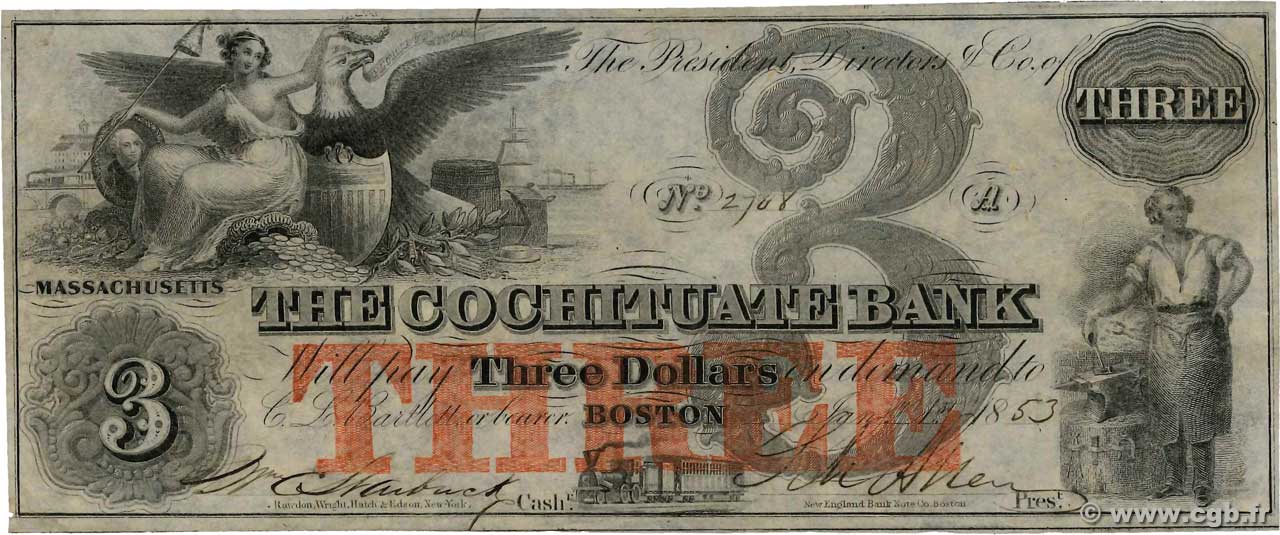 3 Dollars ÉTATS-UNIS D AMÉRIQUE Boston 1853  SUP