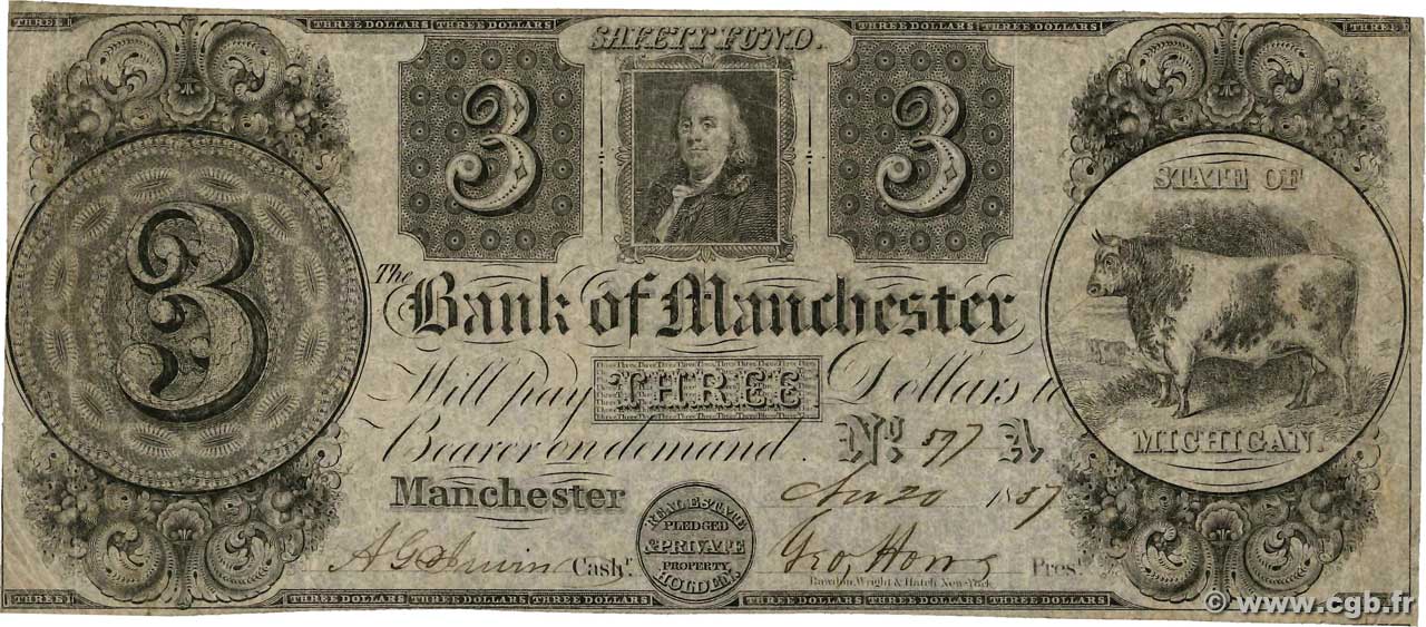 3 Dollars Annulé UNITED STATES OF AMERICA Manchester 1837  F