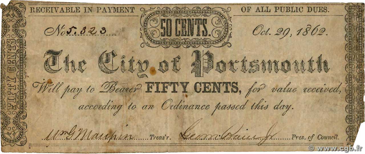 50 Cents UNITED STATES OF AMERICA Portsmouth 1862  F