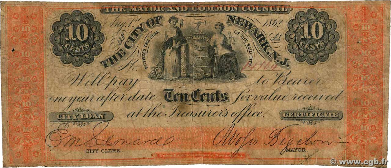 10 Cents ÉTATS-UNIS D AMÉRIQUE Newark 1862  B+