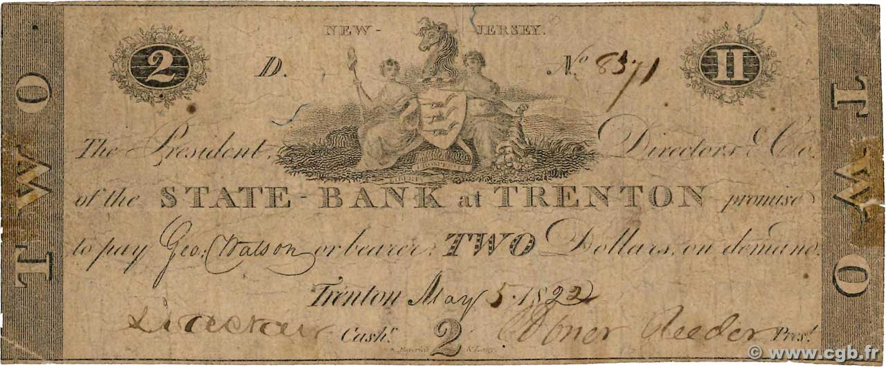 2 Dollars ÉTATS-UNIS D AMÉRIQUE Trenton 1822  B+
