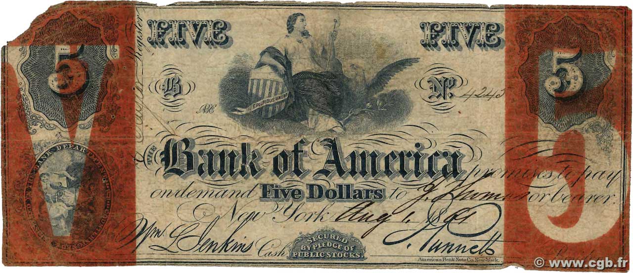 5 Dollars (faux ?) STATI UNITI D AMERICA New York 1861  B