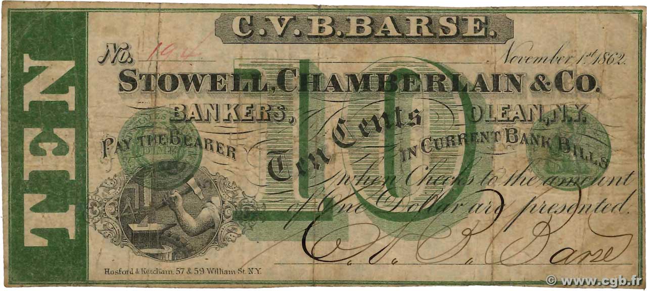 10 Cents ÉTATS-UNIS D AMÉRIQUE Olean 1862  TB