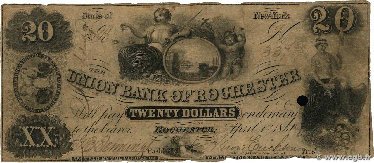 20 Dollars STATI UNITI D AMERICA Rochester 1861  B