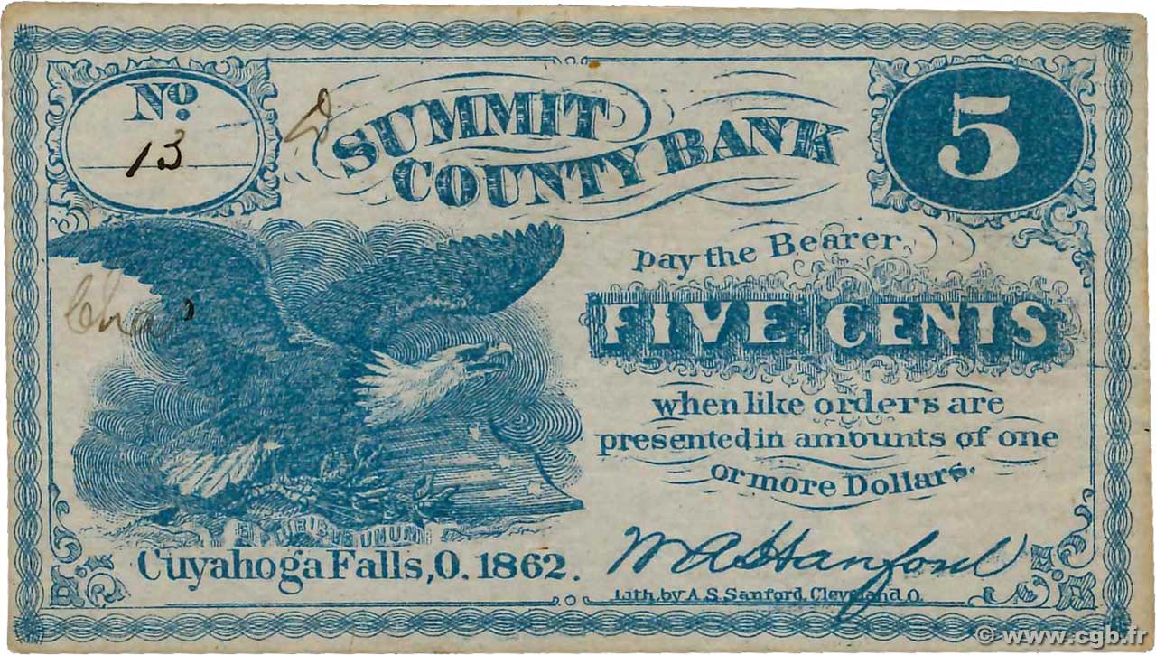 5 Cents STATI UNITI D AMERICA Cuyahoga Falls 1862  BB